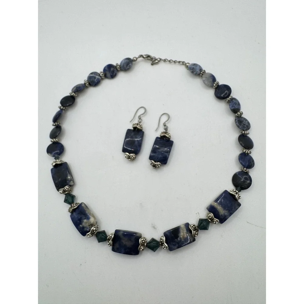 Blue Sodalite Stone Necklace Earring Set Silver Tone Beaded Statement Artisan